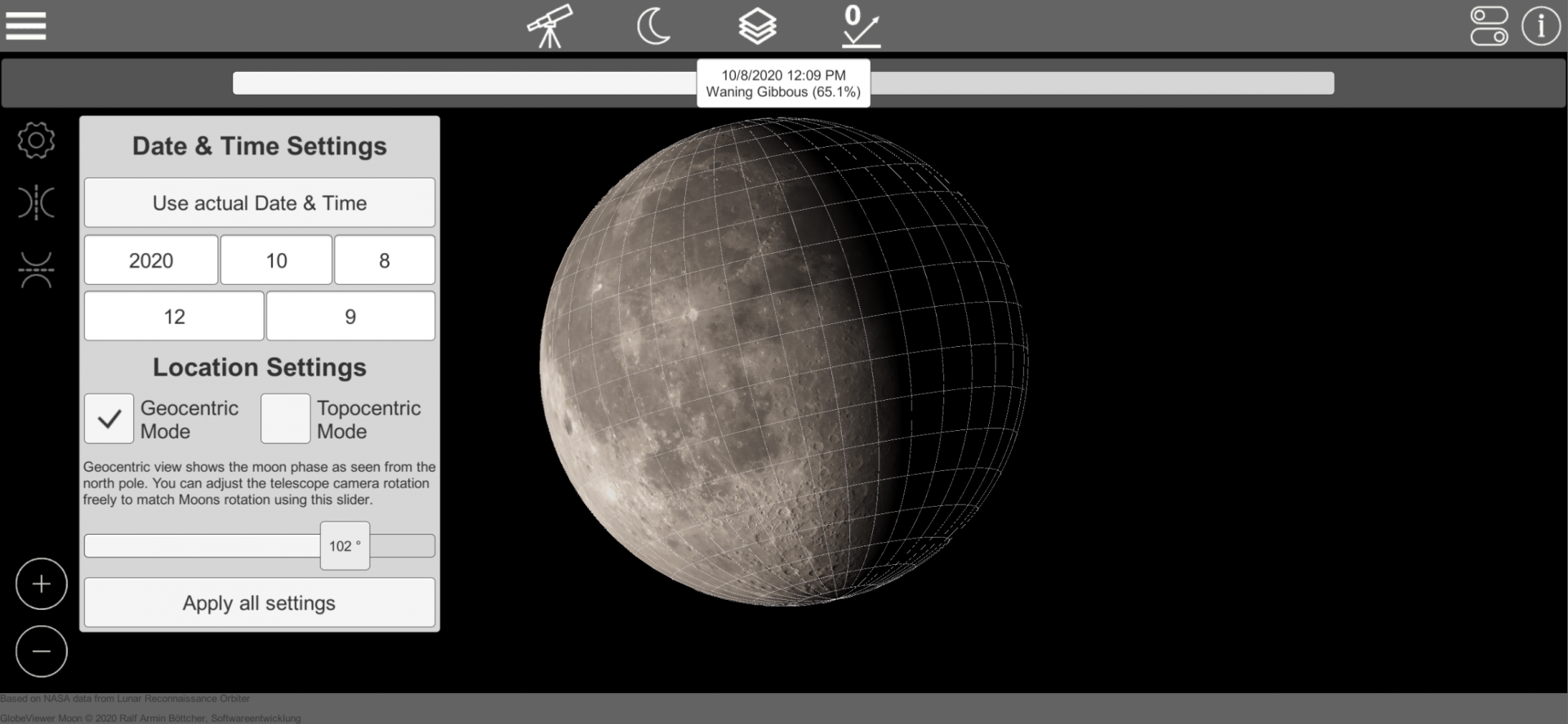 GlobeViewer Moon: Geozentische Drehung