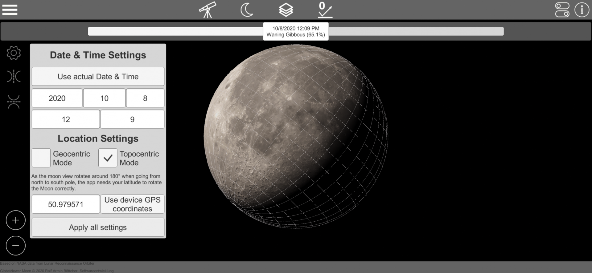 GlobeViewer Moon: Topozentische Drehung