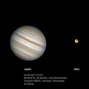 Jupiter und Mars am 03.09.2011 mit  Toucam und 8"