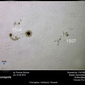 Sonnenflecken am 14.06.2012 + Maßstab Erde by Thomas Brüster.jpg