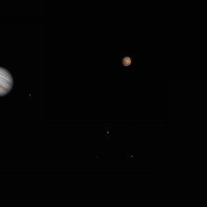 Collage Jupiter mit den vier Galileischen Monden, Mars und Uranus