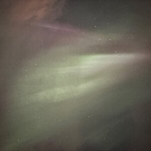 Intensive Polarlichter hinter dünner Wolkendecke