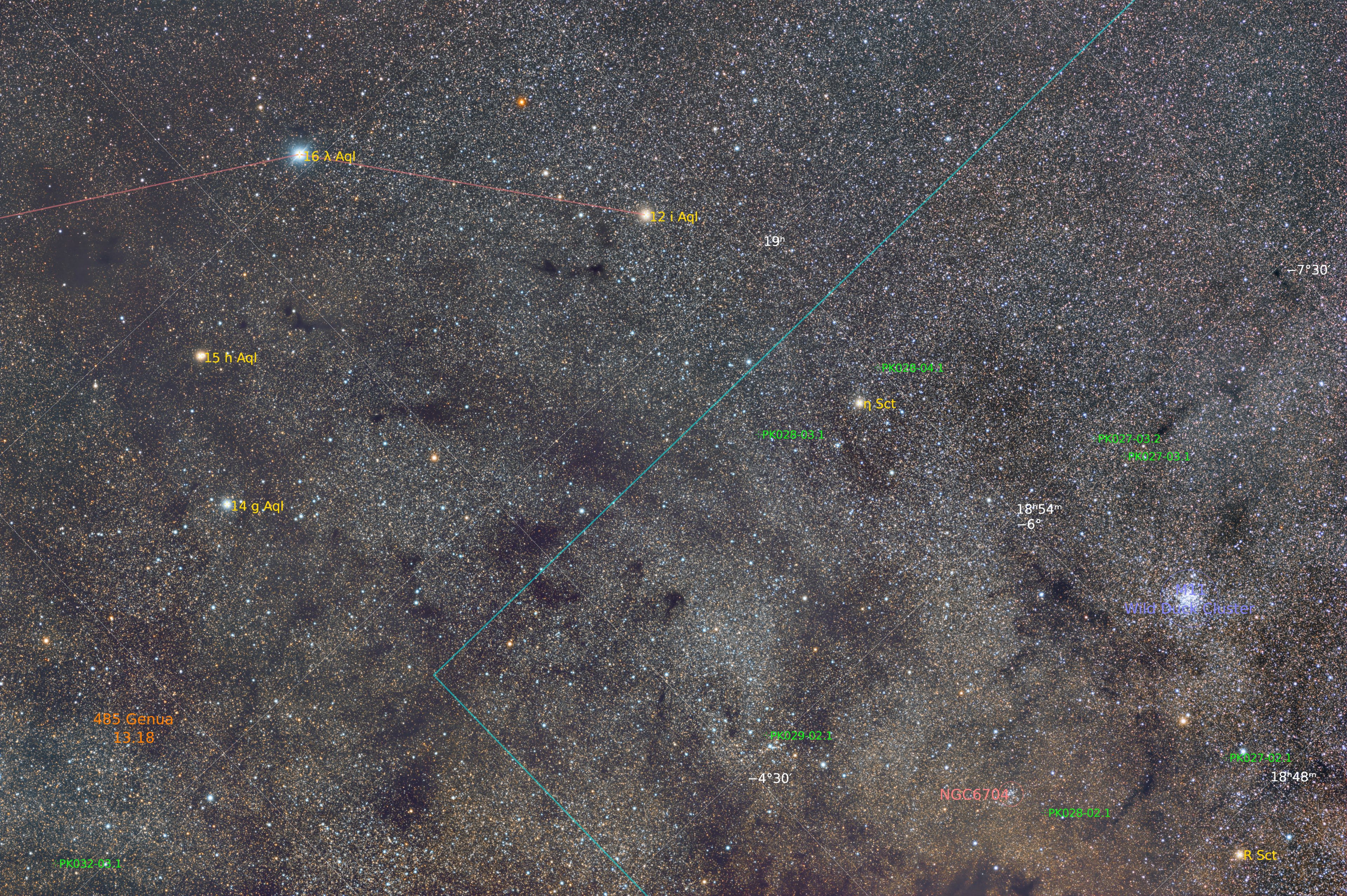 16+15+14+12Aquilae - M11 Wild Duck Haufen - 485 Genua - NGC6704 mit Beschreibung