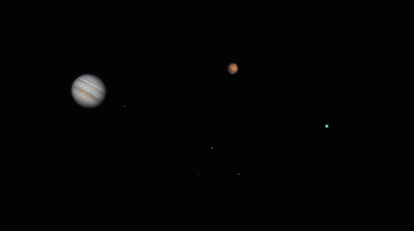 Collage Jupiter mit den vier Galileischen Monden, Mars und Uranus