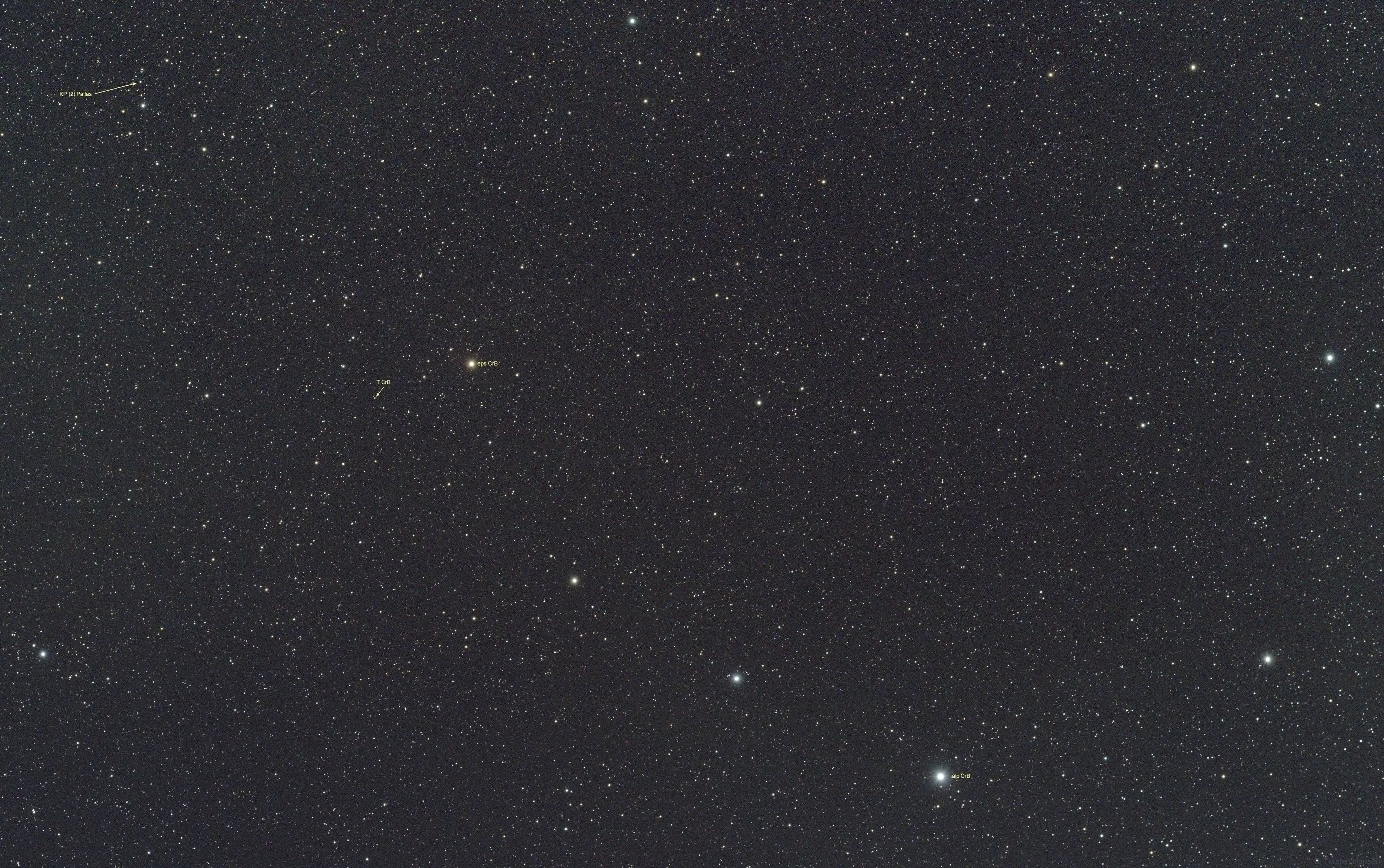 Corona Borealis mit T CrB und Kleinplanet (2) Pallas.