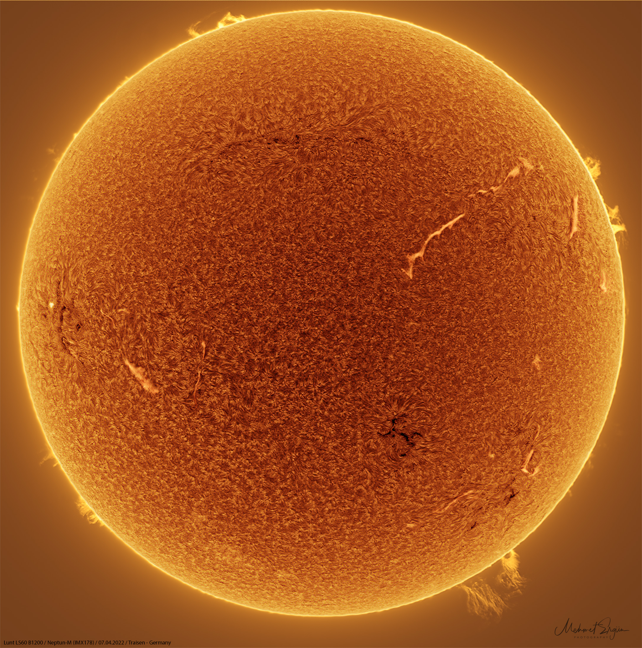 Die Sonne mit Protuberanzen und Filamenten - 07 April 2022