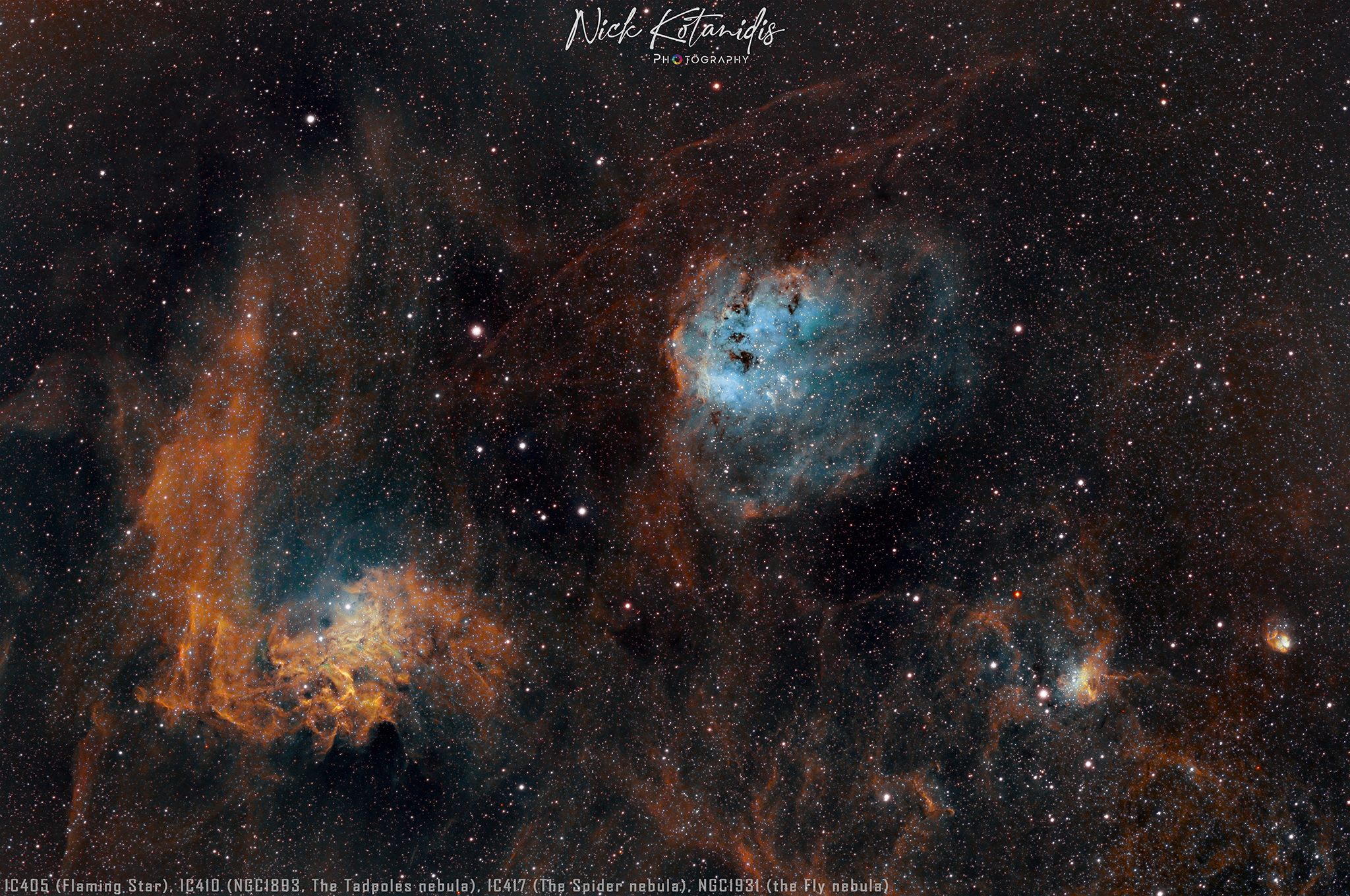 IC405 (Flaming Star), IC410 (NGC1893, The Tadpoles nebula), IC417 (The Spider nebula), NGC1931 (Fly Nebula)