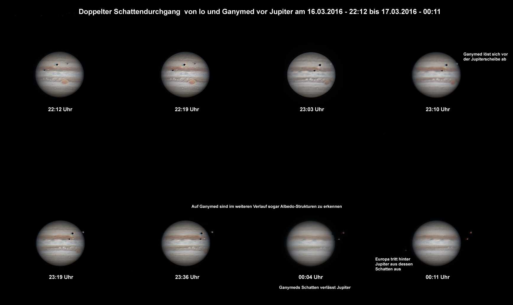 Io und Ganymed vor Jupiter am 16.3.2016