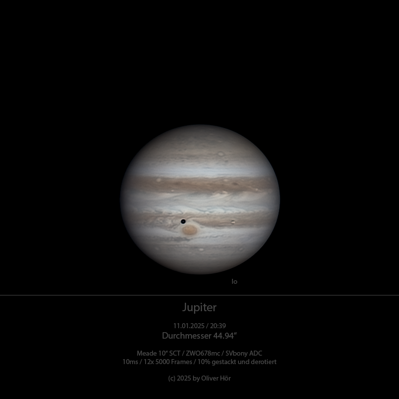 Jupiter mit gr. rotem Fleck, Mond Io und Schattenwurf