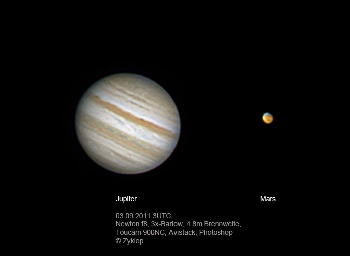 Jupiter und Mars am 03.09.2011 mit  Toucam und 8"