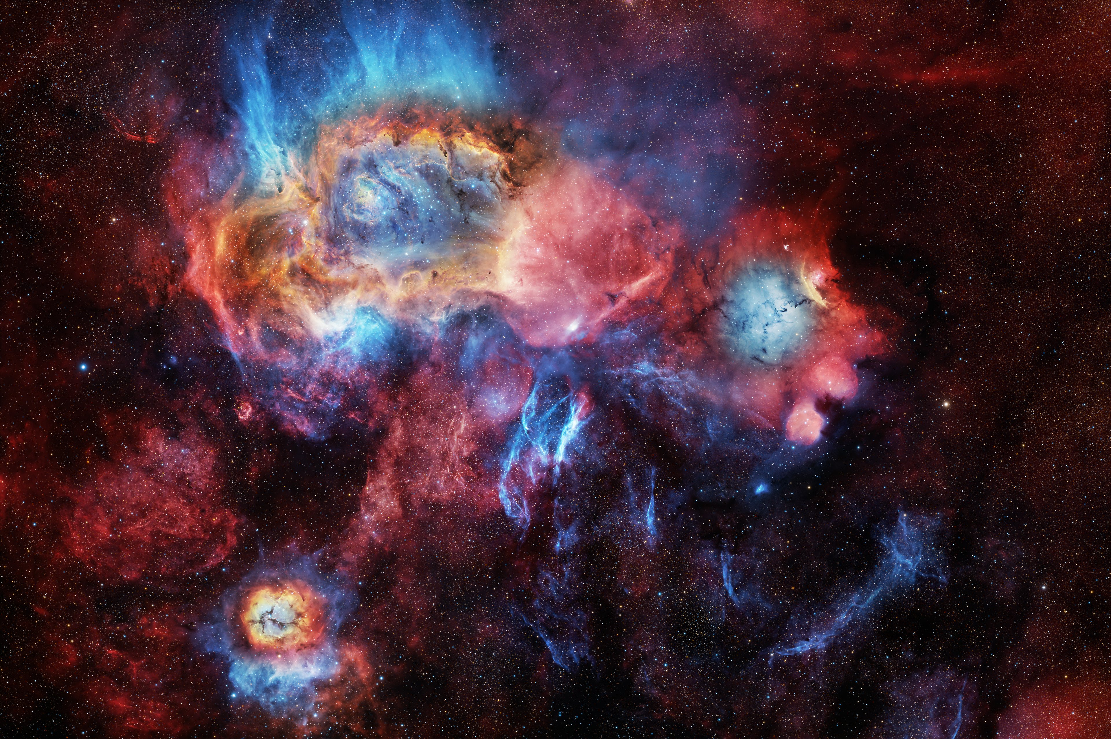Messier 8, Messier 20 and SNR G007.5-01.7: A 70h Deep-Dive in SHO + RGB