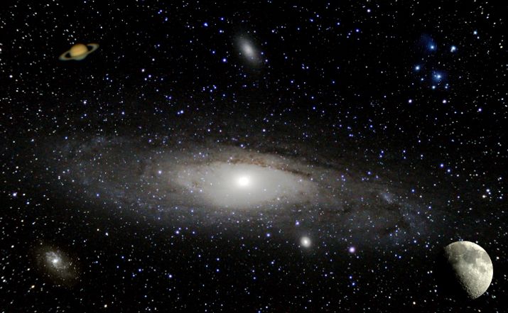 Montage-M31-M33-Plejaden-Saturn-Mond