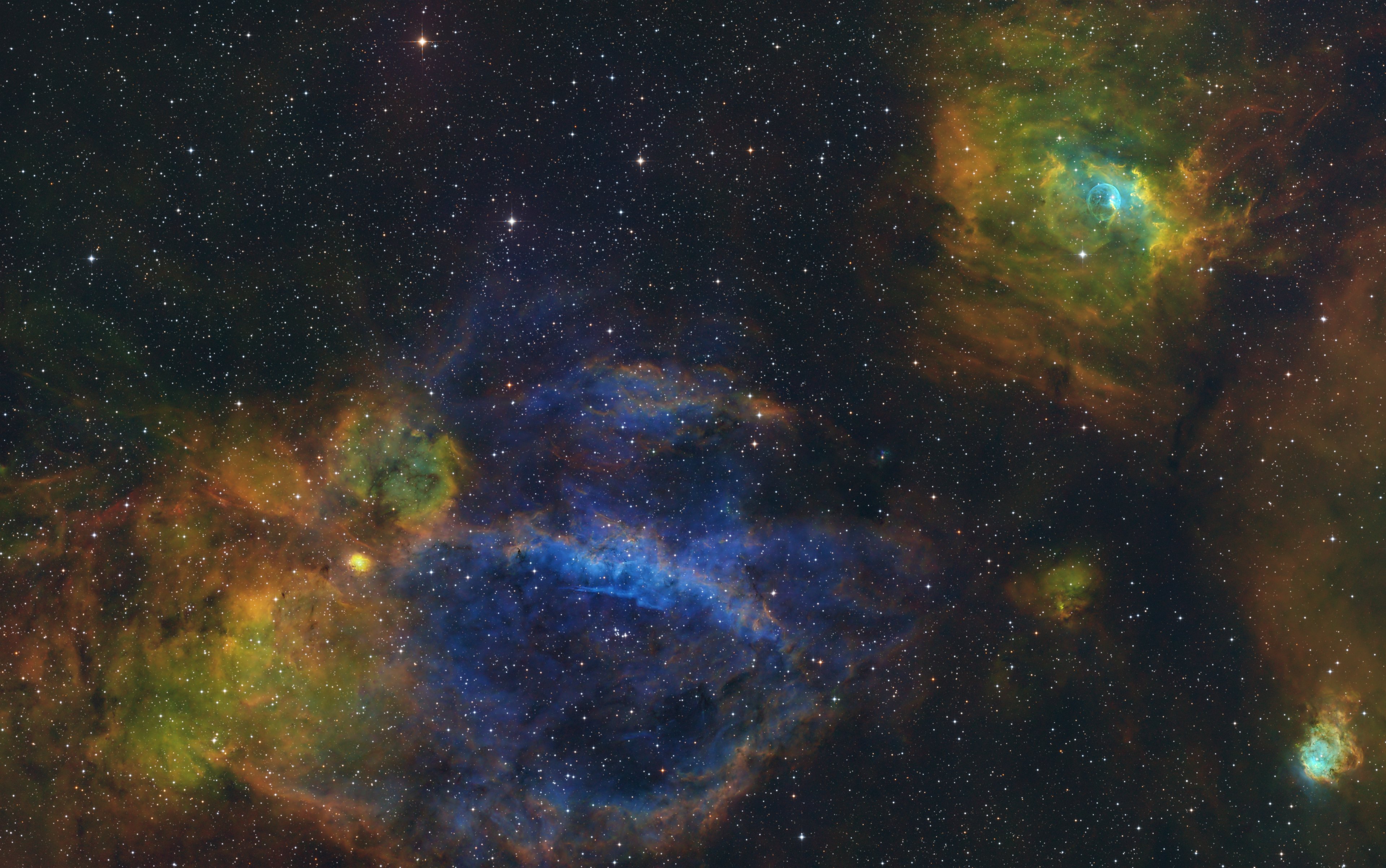 SH2-157 Lobster Claw Nebula & NGC 7635 Bubble Nebula in SHO - finale Version